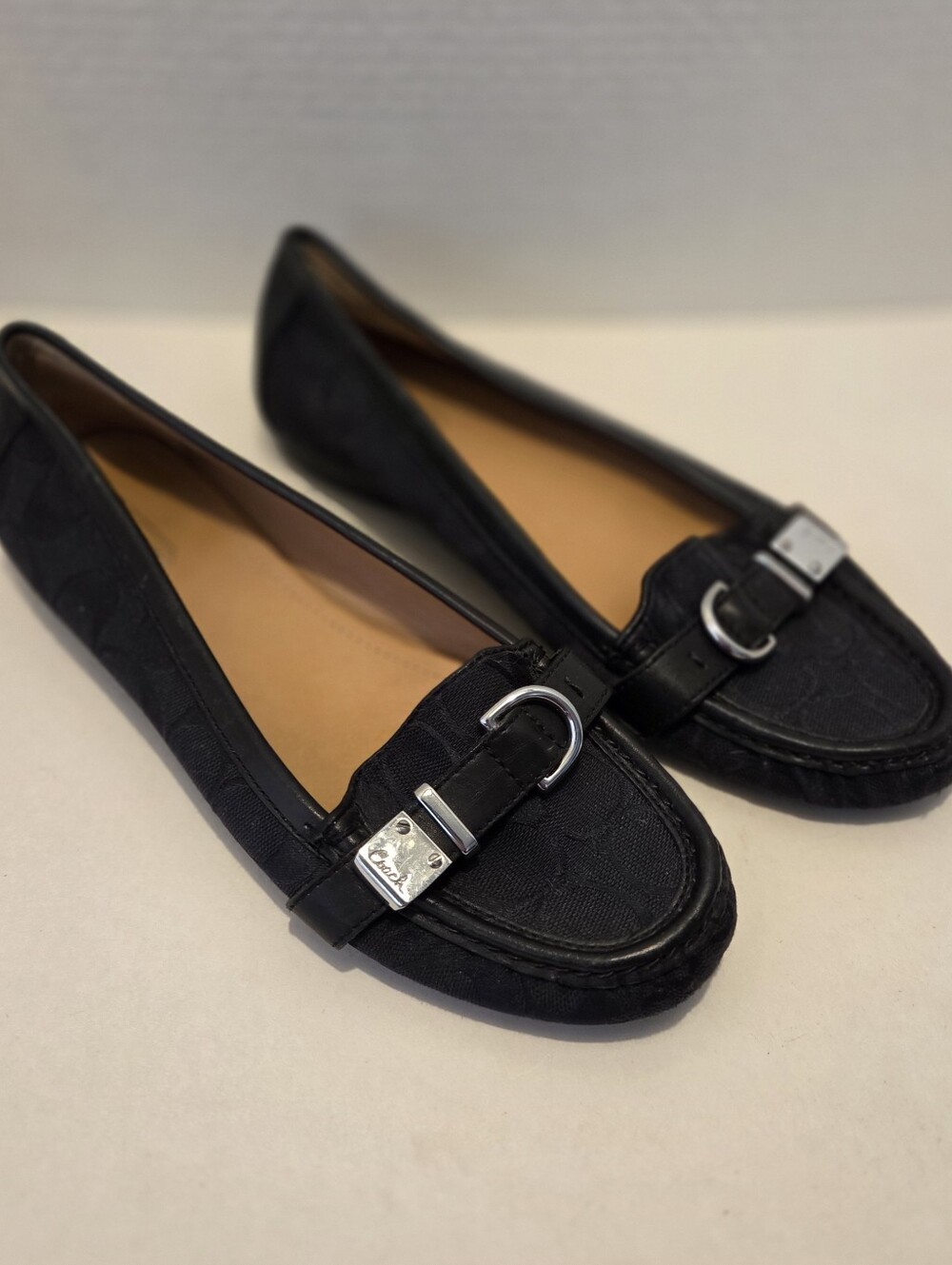 Coach Flores Signature Jacquard Loafers Black Canvas Buckle Flats A2160 Size 9 B